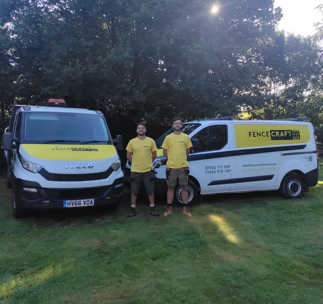 Matt and Chris of Fencecraft Services with their branded yellow vans Matt and Chris of Fencecraft Services with their branded yellow vans