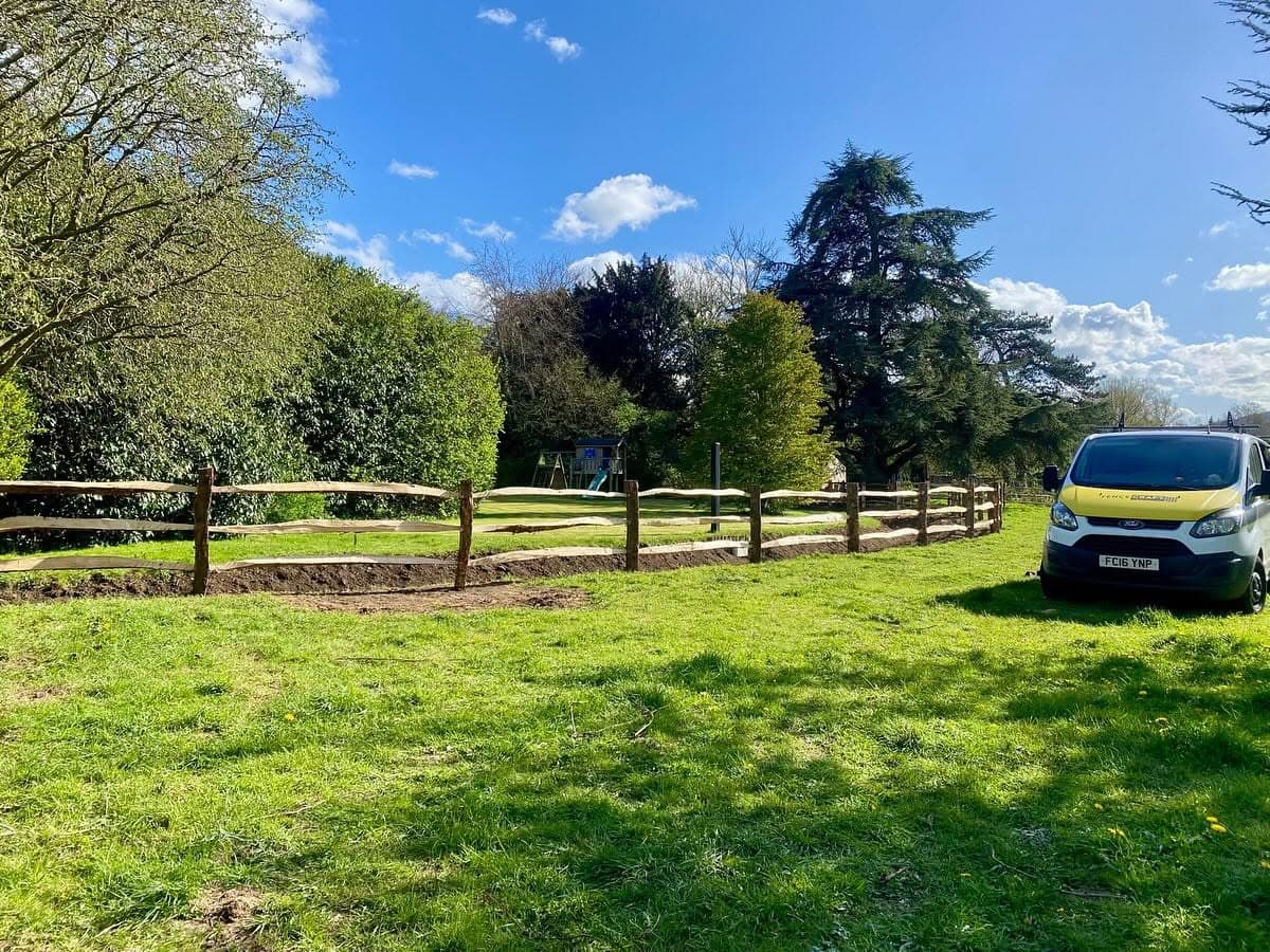 New post and rail fencing enclosing a garden paddock in Kent New post and rail fencing enclosing a garden paddock in Kent